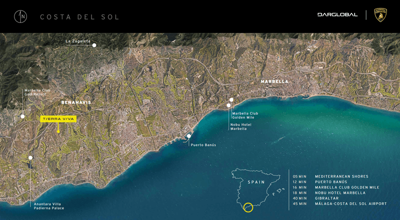 Tierra Viva location map showing proximity to Marbella and Puerto Banús